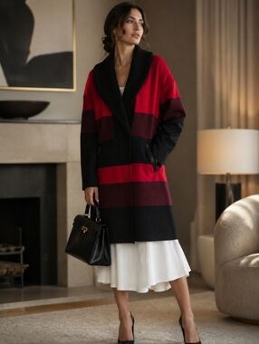 St. John Red/Black Wool Striped Sweater Jacket Fur Collar Size XL